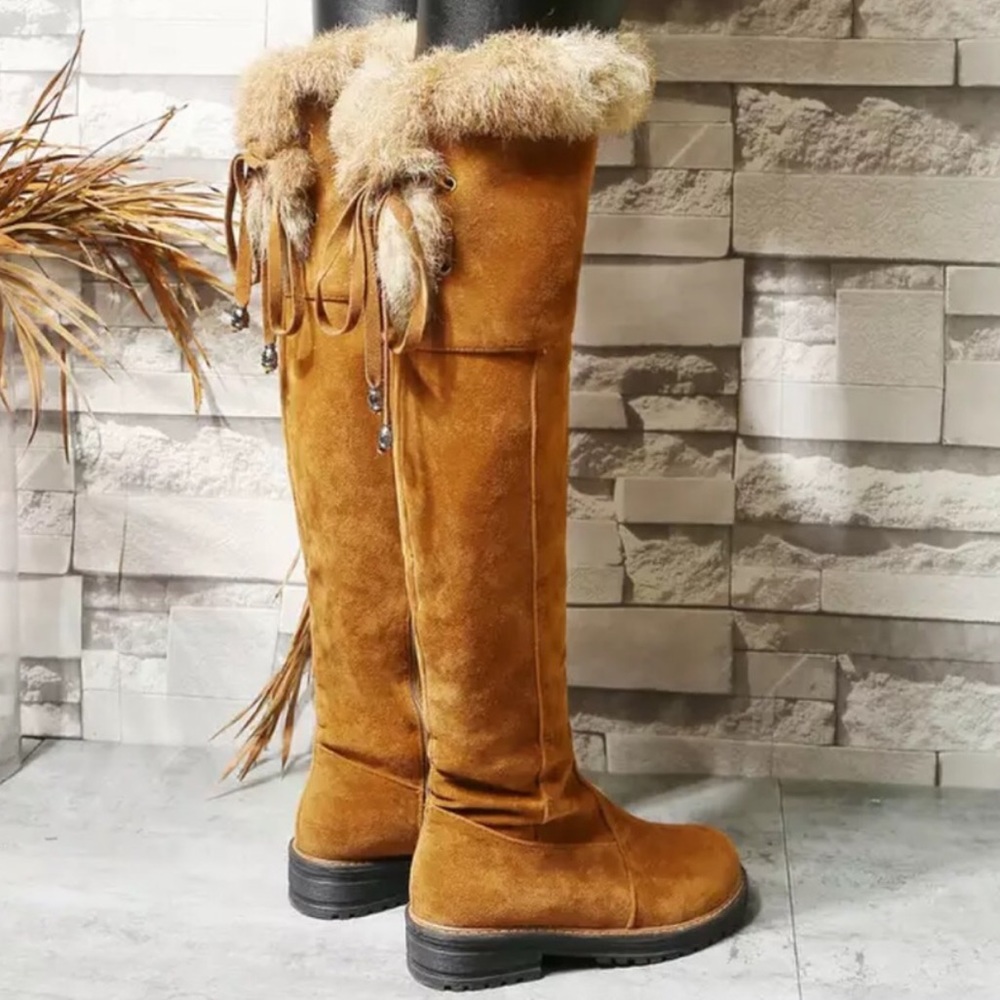 New Brown Vegan Suede Faux Fur and Lined Over The Knee High Zip Flat Heel Boots
